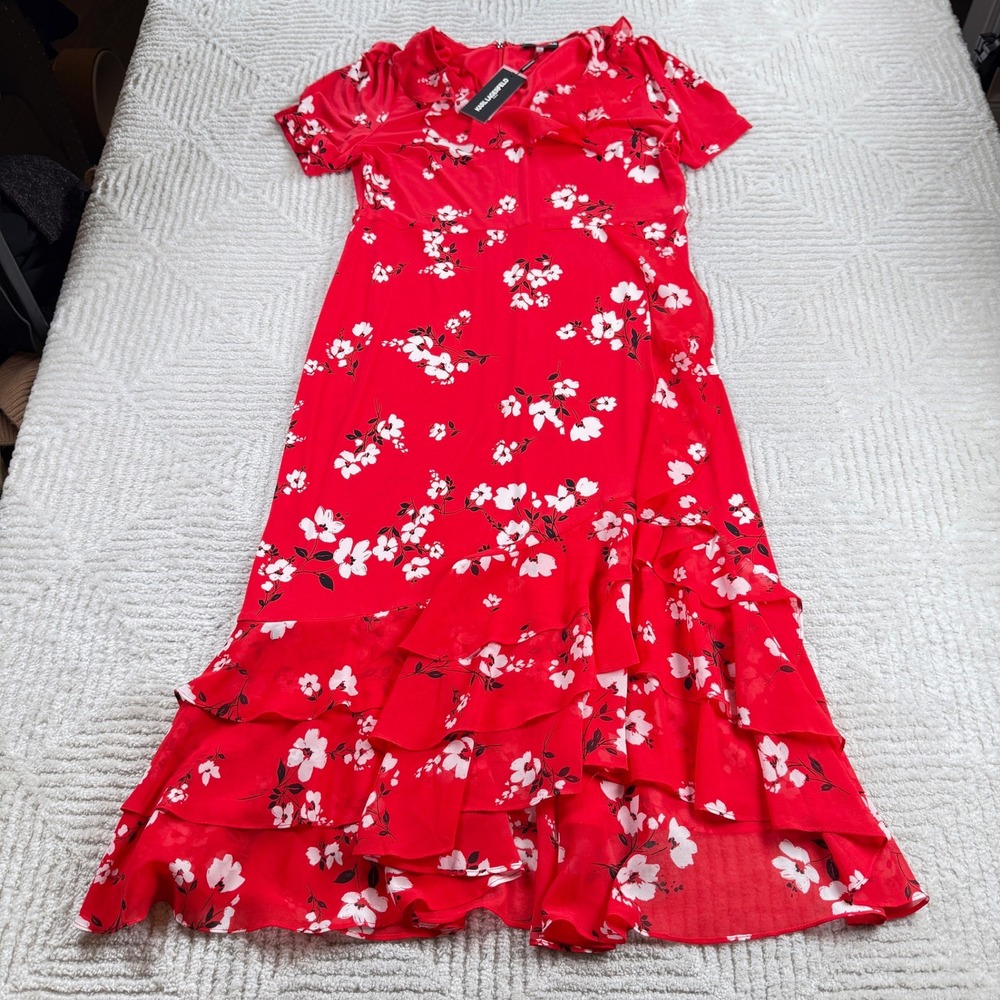 Karl Lagerfeld Paris Floral Maxi Dress Women's 14 Red Romantic Party Flowy Chic
